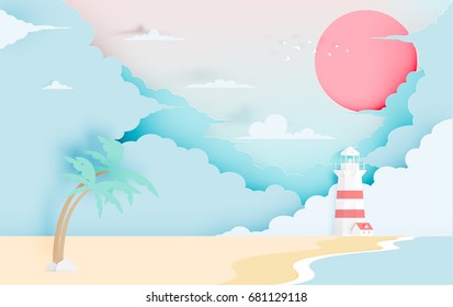 Lighthouse on the beach with ocean background paper art style vector illustration