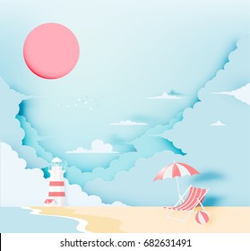 Lighthouse on the beach with ocean background paper art style vector illustration