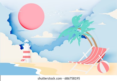 Lighthouse on the beach with ocean background paper art style vector illustration