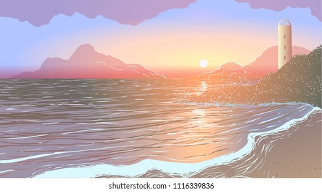 Lighthouse on the beach of the ocean at sunset