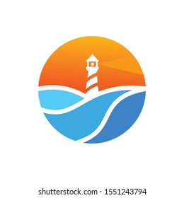 lighthouse on the beach with ocean waving from distance at sunset vector logo design