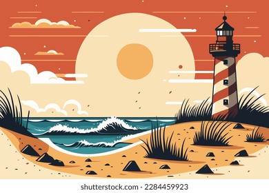 Lighthouse on the beach at sunset. Vector illustration in flat style. A beach with a lighthouse