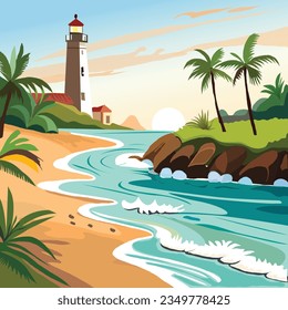 Lighthouse is on the beach with trees and a beautiful sky. A lighthouse stands tall on a rocky cliff overlooking a beach. The atmosphere is a lovely blue, with a few wispy clouds.