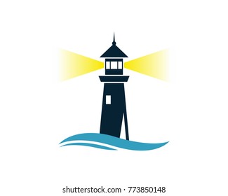 Lighthouse on the Beach with Wave Water Sea Ocean Logo