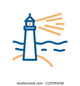 Lighthouse on a beach with waves in the sea icon. Vector minimal thin line geometric illustration	
