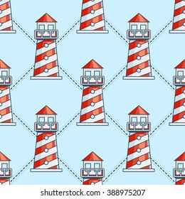 Lighthouse on blue background seamless vector pattern