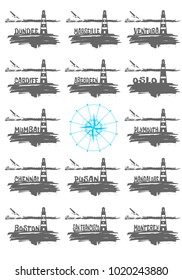 Lighthouse on brush stroke seashore. Clouds line with retro airplane icon and city name text. Vector set