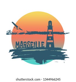 Lighthouse on brush stroke seashore. Clouds line with retro airplane icon. Vector illustration. Marseille city name text.