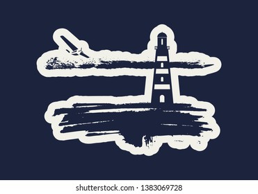 Lighthouse on brush stroke seashore. Clouds line with retro airplane