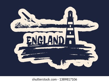 Lighthouse on brush stroke seashore. Clouds line with retro airplane. England country name text.