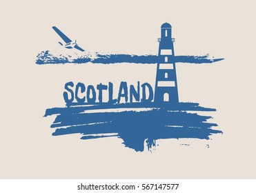 Lighthouse on brush stroke seashore. Clouds line with retro airplane icon. Vector illustration. Scotland country name text.
