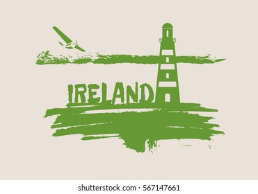 Lighthouse on brush stroke seashore. Clouds line with retro airplane icon. Vector illustration. Ireland country name text.