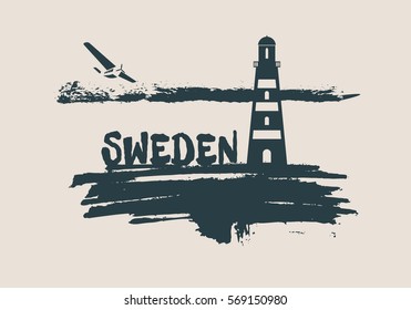Lighthouse on brush stroke seashore. Clouds line with retro airplane icon. Vector illustration. Sweden country name text.