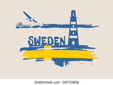 Lighthouse on brush stroke seashore. Paintbrush clouds line . Vector illustration. Sweden country name text and relative national flag
