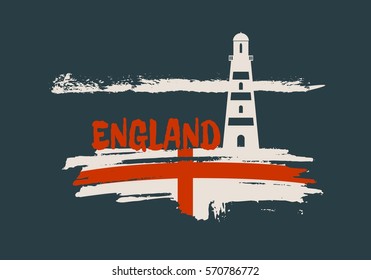 Lighthouse on brush stroke seashore. Paintbrush clouds line . Vector illustration. England country name text and relative national flag