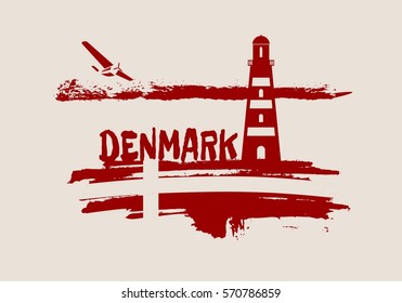 Lighthouse on brush stroke seashore. Paintbrush clouds line . Vector illustration. Denmark country name text and relative national flag