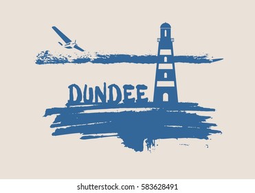 Lighthouse on brush stroke seashore. Clouds line with retro airplane icon. Vector illustration. Dundee city name text.