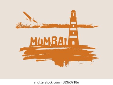 Lighthouse on brush stroke seashore. Clouds line with retro airplane icon. Vector illustration. Mumbai city name text.