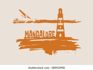 Lighthouse on brush stroke seashore. Clouds line with retro airplane icon. Vector illustration. Mangalore city name text.