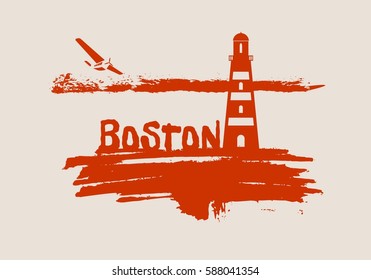 Lighthouse on brush stroke seashore. Clouds line with retro airplane icon. Vector illustration. Boston city name text.