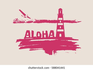 Lighthouse on brush stroke seashore. Clouds line with retro airplane icon. Vector illustration. Aloha text.