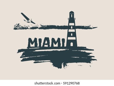 Lighthouse on brush stroke seashore. Clouds line with retro airplane icon. Vector illustration. Miami city name text.