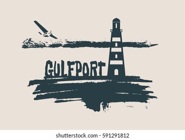 Lighthouse on brush stroke seashore. Clouds line with retro airplane icon. Vector illustration. Gulfport city name text.