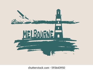 Lighthouse on brush stroke seashore. Clouds line with retro airplane icon. Vector illustration. Melbourne city name text.