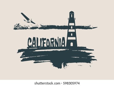 Lighthouse on brush stroke seashore. Clouds line with retro airplane icon. Vector illustration. California text.