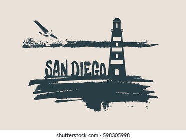 Lighthouse on brush stroke seashore. Clouds line with retro airplane icon. Vector illustration. San Diego city name text.