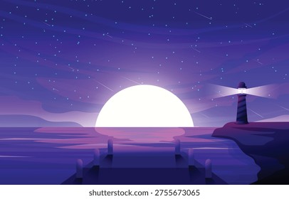 Lighthouse on Cliff with Bright Moon over Ocean at Night