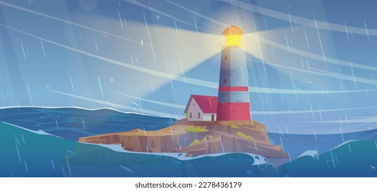 Lighthouse on cliff island in storm sea vector illustration. Cartoon wind and rain in ocean with big wave and lightning signal from beacon. Stormy cyclone and foam waves nautical game background