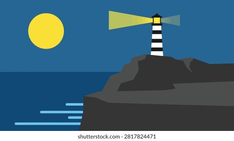 Lighthouse on a cliff at night with full moon lighthouse illumination