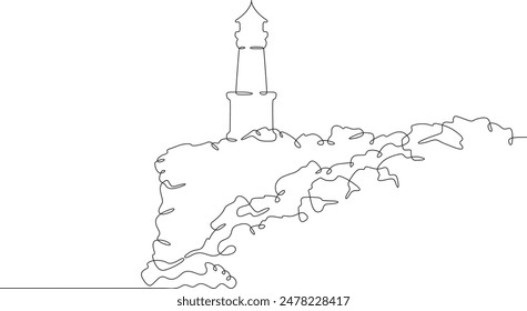 Lighthouse on a cliff. Sea coastline. Ocean landscape. Lighthouse on the shore.One continuous line drawing on a white isolated background. Minimalism linear illustration.