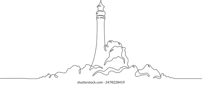 Lighthouse on a cliff. Sea coastline. Ocean landscape. Lighthouse on the shore.One continuous line drawing on a white isolated background. Minimalism linear illustration.