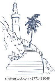 Lighthouse on cliff with stairway, railing, palm tree, and rocky shore drawn in clean linework. Symbol of guidance, travel, wanderlust, and seaside journey. Cartoon vector illustration.