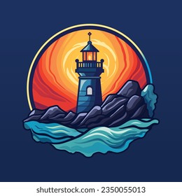 Faro en un acantilado, piedras y olas en el tormentoso cielo rojo atardecer. Ilustración del vector