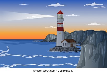 Lighthouse on the coast at dawn illustration
