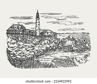 Lighthouse on the coast drawn by hand with pen and ink. Engraved style. Vector illustration.