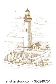 Lighthouse on the coast drawn by hand