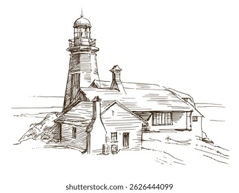 Lighthouse on the coast, hand drawn illustration