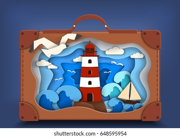 Lighthouse on coast inside brown suitcase and has ship, illusion of depth, paper cut and travel concept.