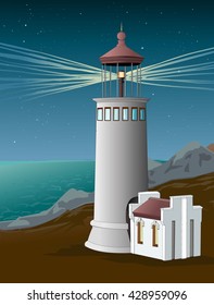 Lighthouse on the coast. Light beacon in the night. Starry Sky. Landmark. Seacoast. Vector.