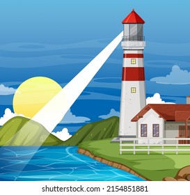 Lighthouse on the coast at night illustration