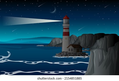 Lighthouse on the coast at night illustration