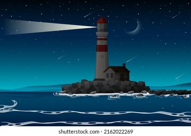 Lighthouse on the coast at night illustration