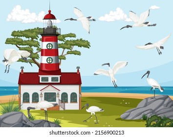 Lighthouse on the coast scene illustration