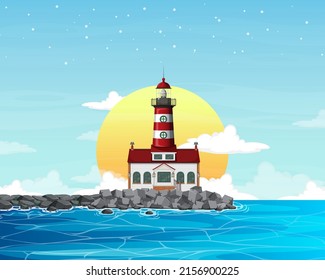 Lighthouse on the coast scene illustration