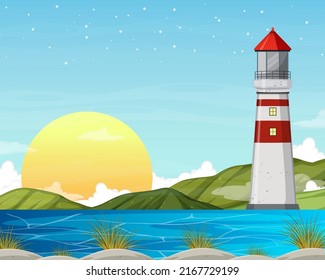 Lighthouse on the coast scene illustration