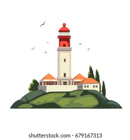 Lighthouse on coast of sea, Lighthouse infrastructure on island. Summer holidays. Cape Rock. Isolated on white background. High quality vector illustration.